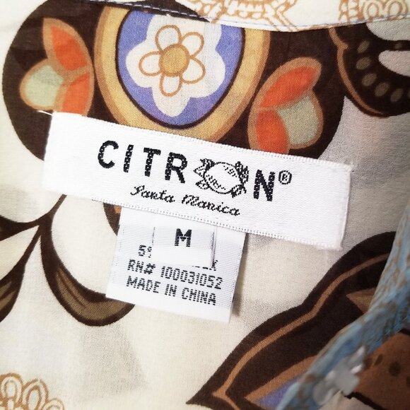 Citron Santa Monica Fall Leaf Silk Blend Blouse Top M Ruched Sleeves Lagenlook - Picture 6 of 16